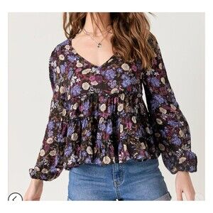Coco Jaimeson Women’s Boho Floral Print Ruffle Blouse  V-Neck Tiered Peplum